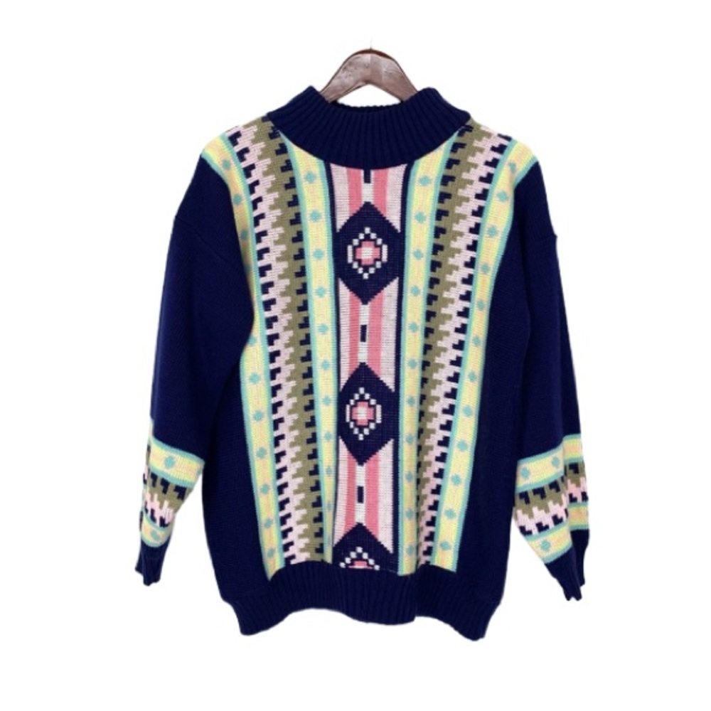 Vintage Clifton Place Pastel Spring Geometric Mockneck Sweater Navy Green Pink